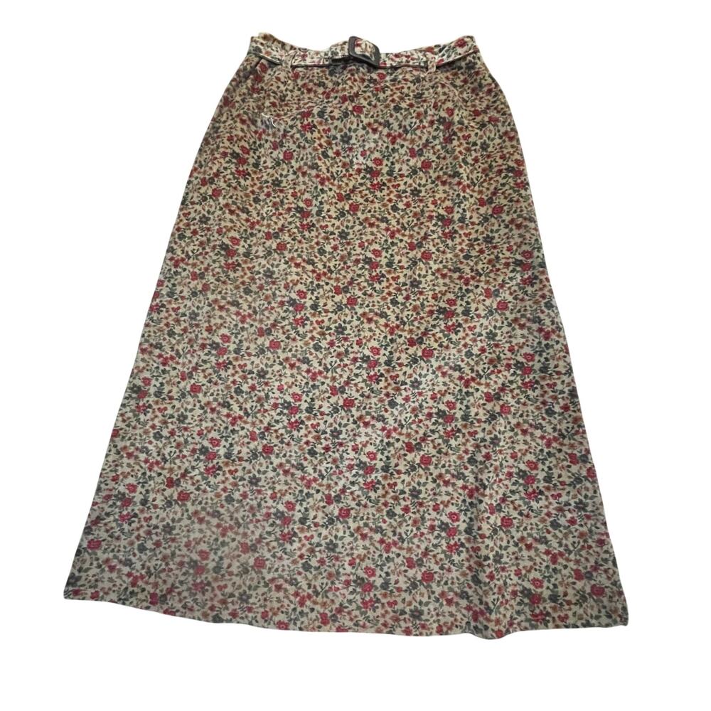 Vintage Laura Ashley Floral Corduroy Skirt Womens 8 Belted Cottagecore Midi